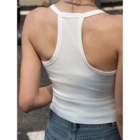 White Ribbed Tank Top Racerback V-Neck Slim Fit Stretchy Basic - Picture 11 of 15